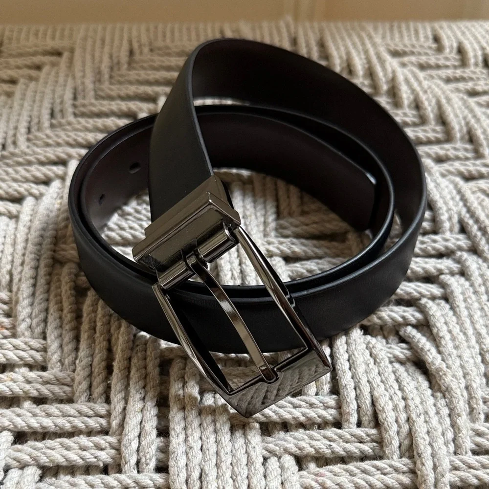 Perry Ellis Men's Faux Black Leather Belt Size 32 Silver Tone Buckle